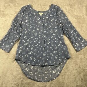 COMO BLU Floral Top Womens‎ Med White Blue V Neck Cottage Peasant 3/4 Sleeve